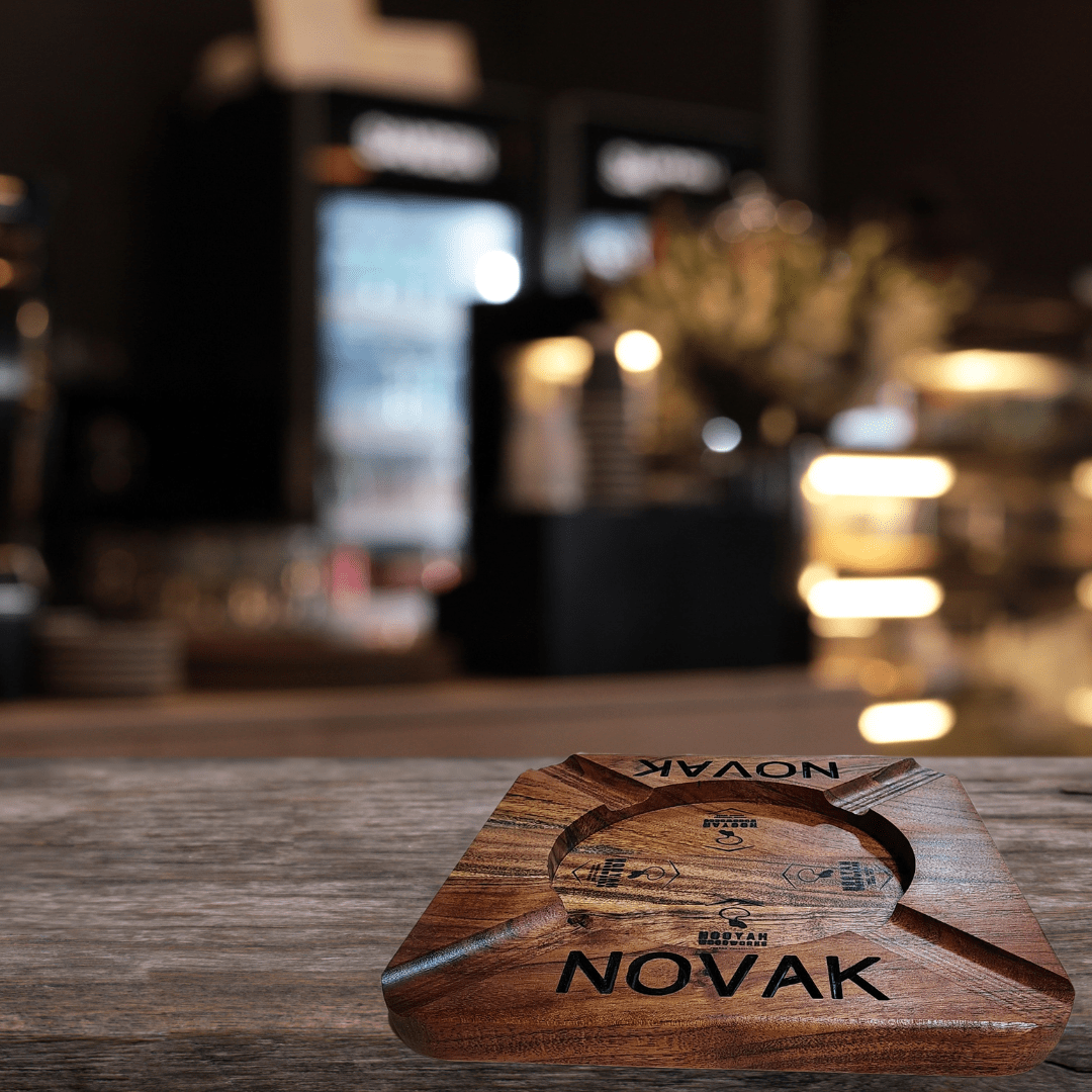 Cigar ash tray made from wood and personalized with last name