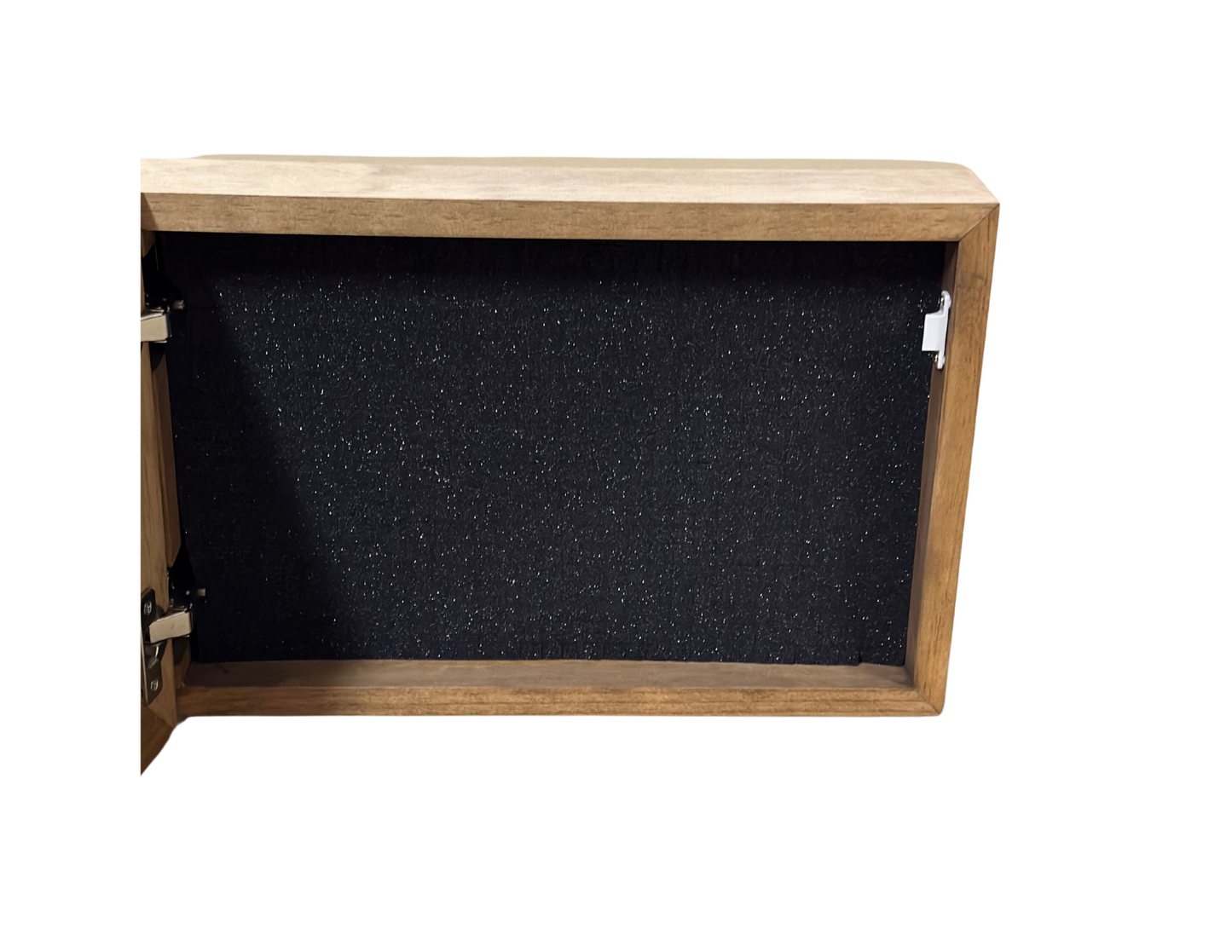 Wooden cabinet with a black interior on a white background