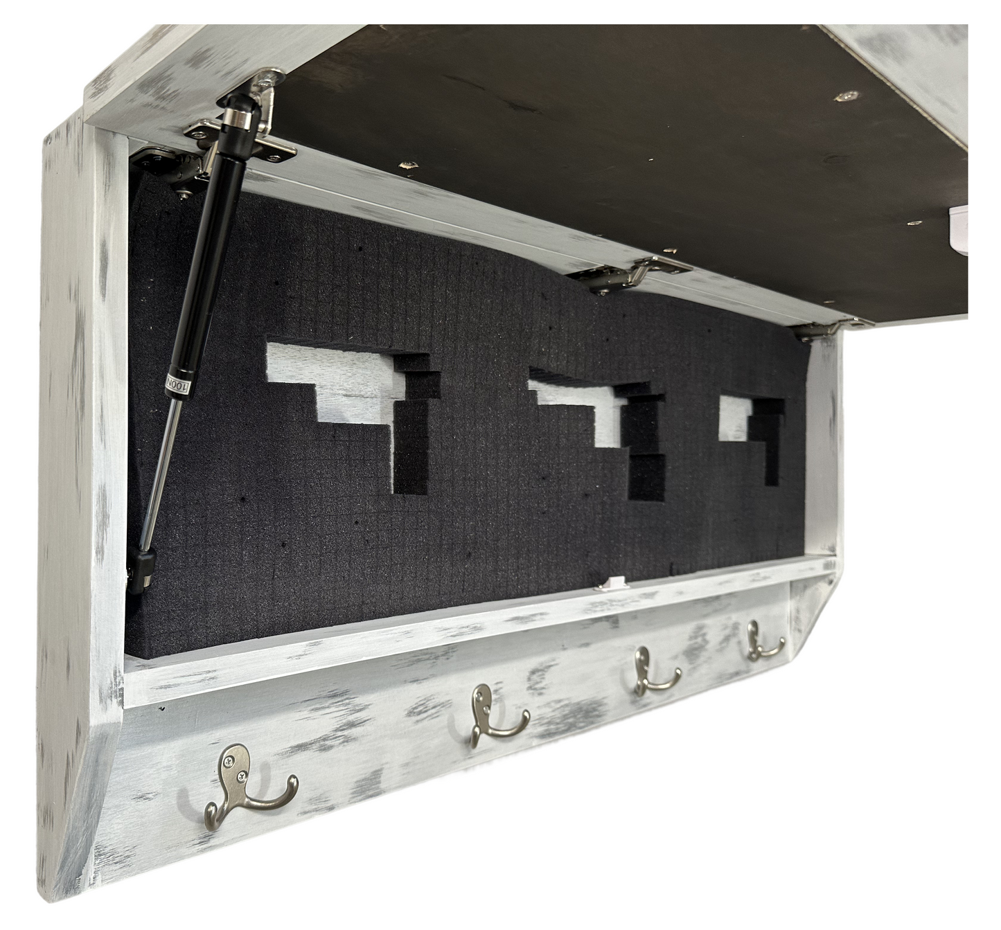 Wooden wall-mounted coat rack with open storage compartment