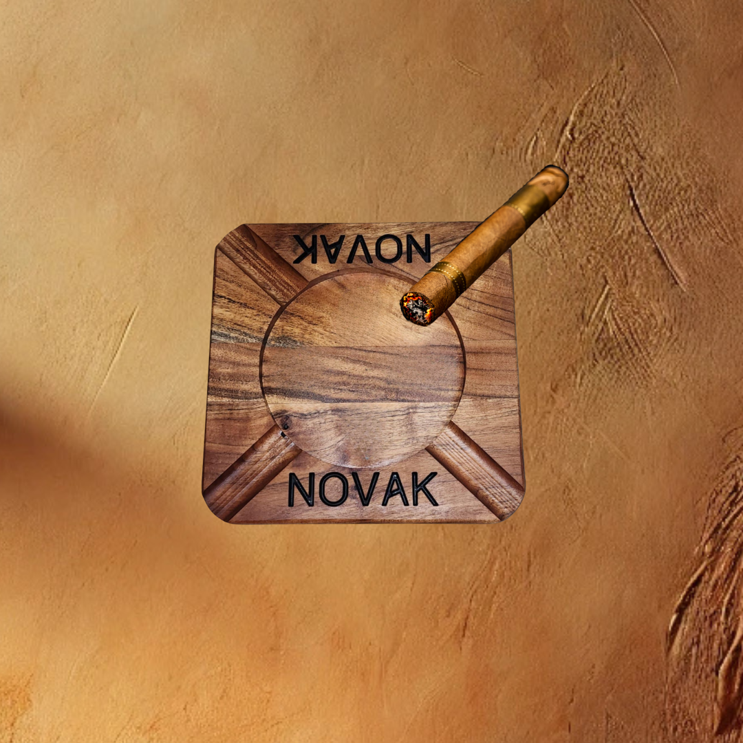Cigar ash tray made from wood and personalized with last name