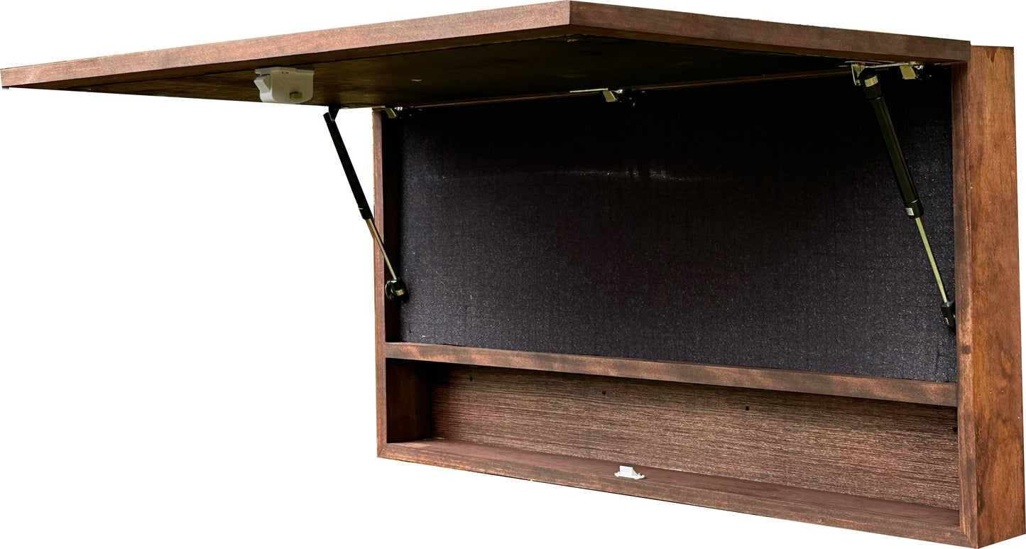 Wooden outdoor cabinet with a black mesh door on a white background