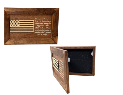 Wooden box with American flag design and engraved text on a white background