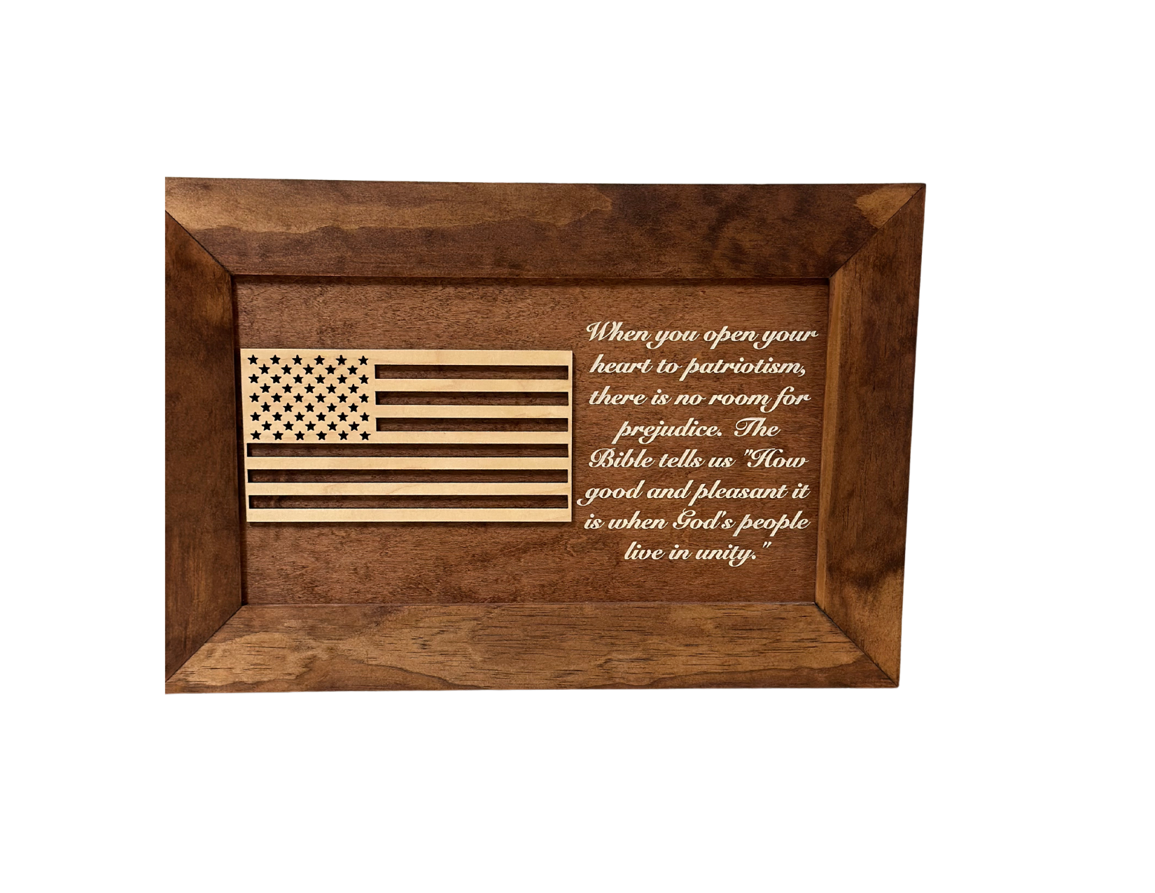 Wooden plaque with American flag design and engraved text on a white background