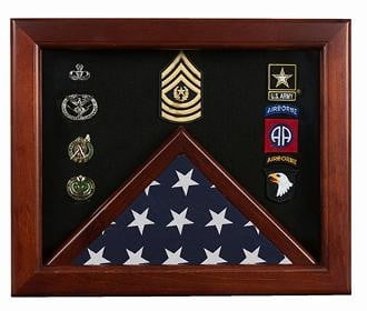 Military Flag medal display case, Mahogany wood for 3x5 flag With Fabric badges