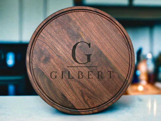 18" Walnut Personalized Round Board with Juice Groove, 18” Round Personalized Charcuterie Board, Wedding Gift, Gift For the Couple, USA Made - Hooyah Woodworks LLC