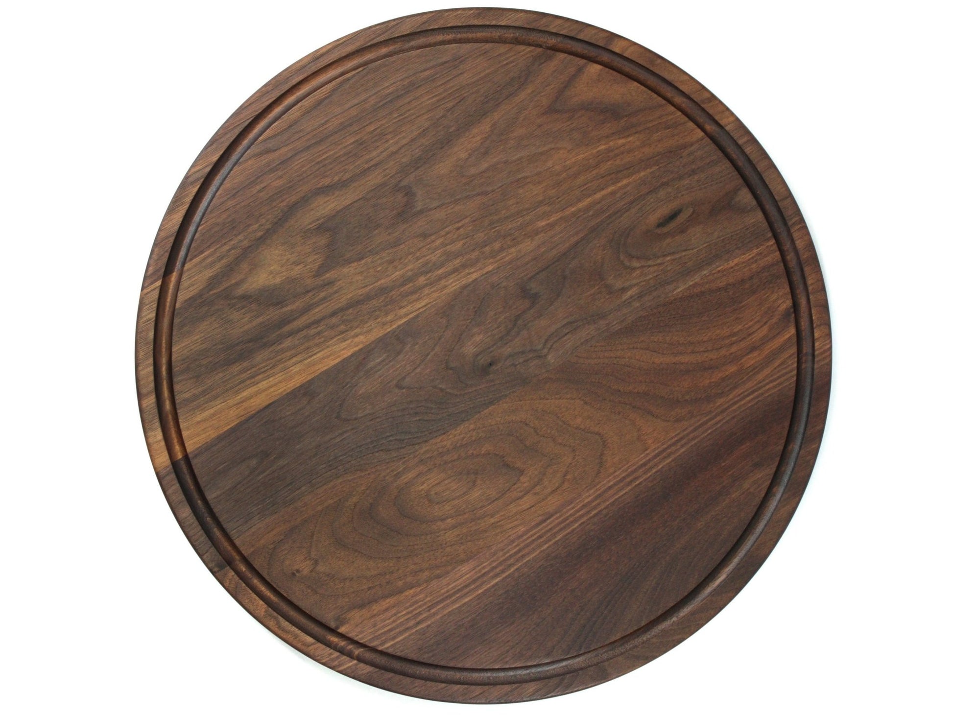 18" Walnut Personalized Round Board with Juice Groove, 18” Round Personalized Charcuterie Board, Wedding Gift, Gift For the Couple, USA Made - Hooyah Woodworks LLC