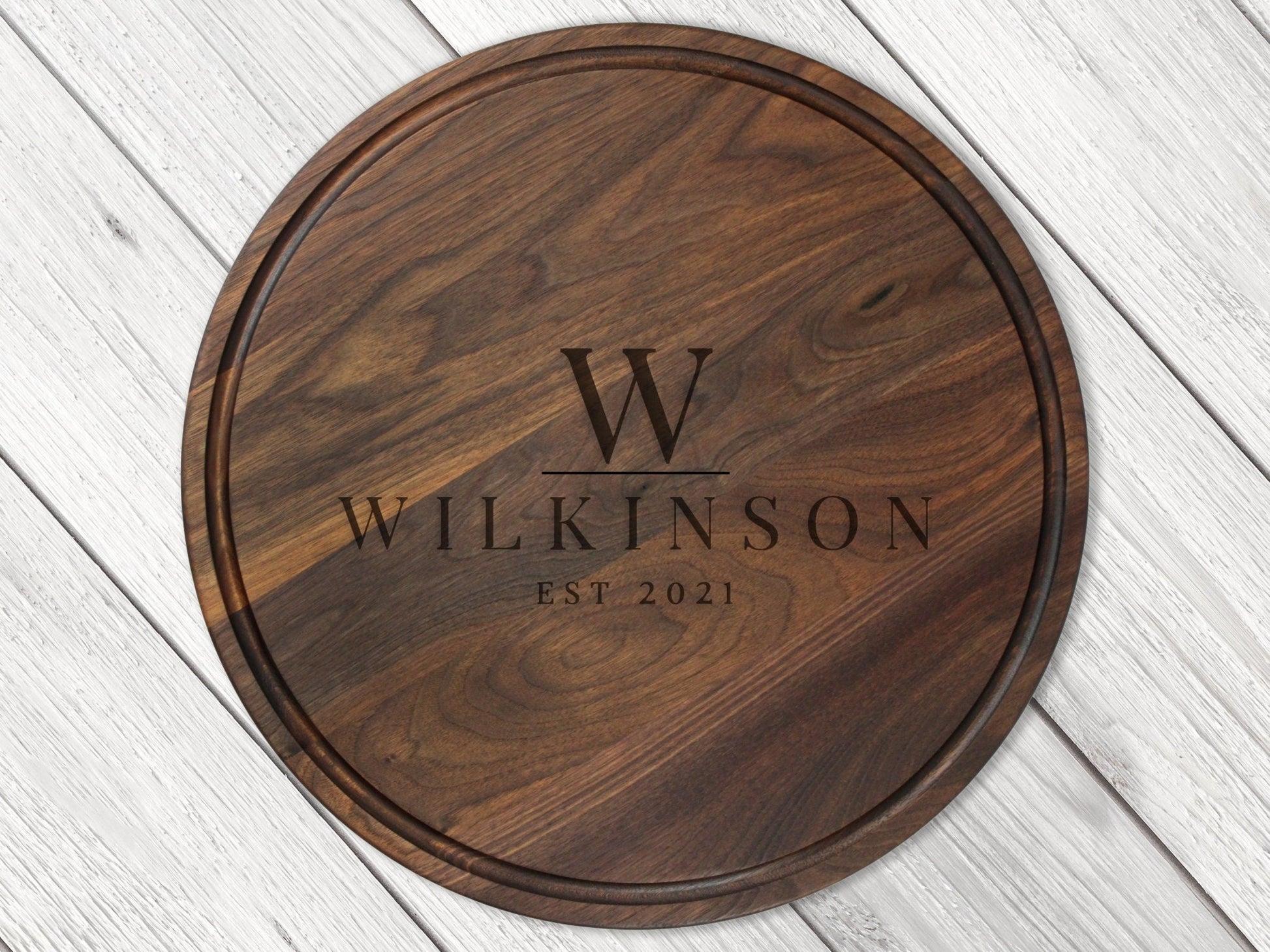 18" Walnut Personalized Round Board with Juice Groove, 18” Round Personalized Charcuterie Board, Wedding Gift, Gift For the Couple, USA Made - Hooyah Woodworks LLC