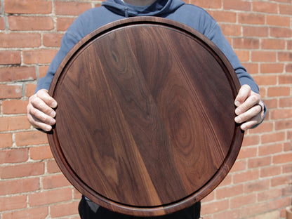 18" Walnut Personalized Round Board with Juice Groove, 18” Round Personalized Charcuterie Board, Wedding Gift, Gift For the Couple, USA Made - Hooyah Woodworks LLC