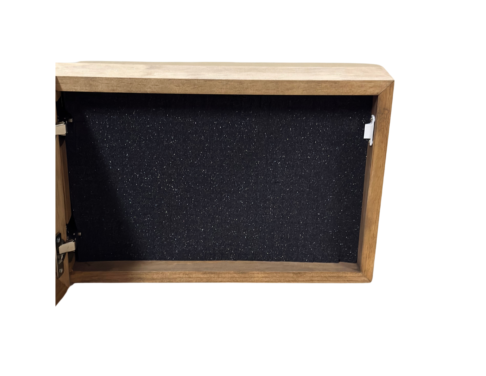 Wooden cabinet with a black interior on a white background