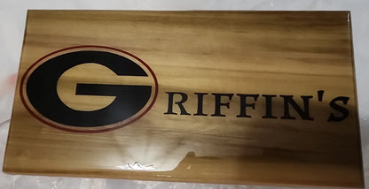 Name engraved in wood with Georgia G epoxy inlay