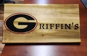 Name engraved in wood with Georgia G epoxy inlay