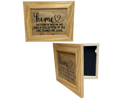 Wooden picture frame with engraved text on a white background