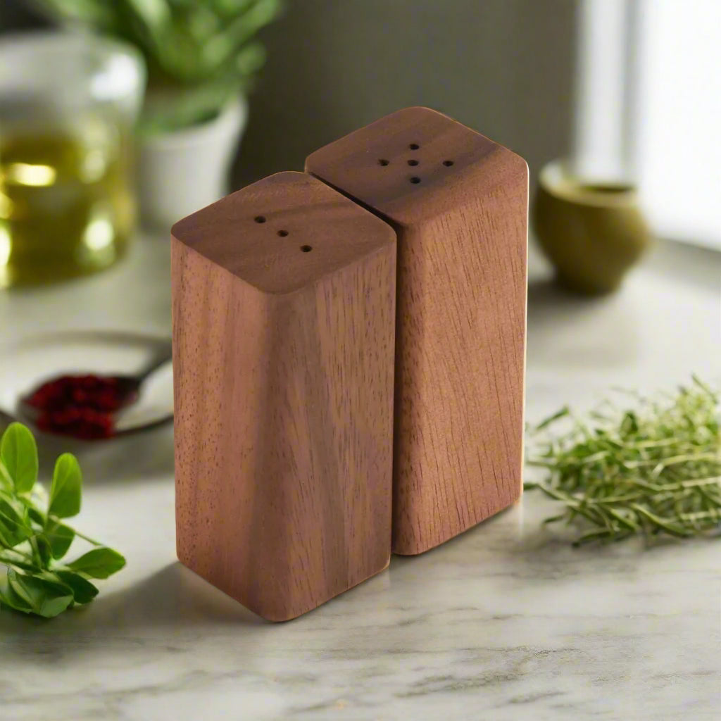 Salt & Pepper Shakers on an Acacia Wood Base - Hooyah Woodworks LLC