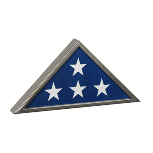 Triangular flag display case with four white stars on a blue background