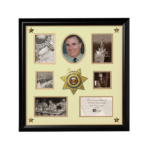 Framed collage with a sheriff's badge, photos, and a certificate on a white background