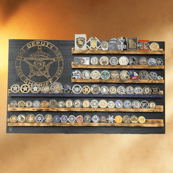 Handmade American flag challenge coin display holder in wood — Hooyah Woodworks
