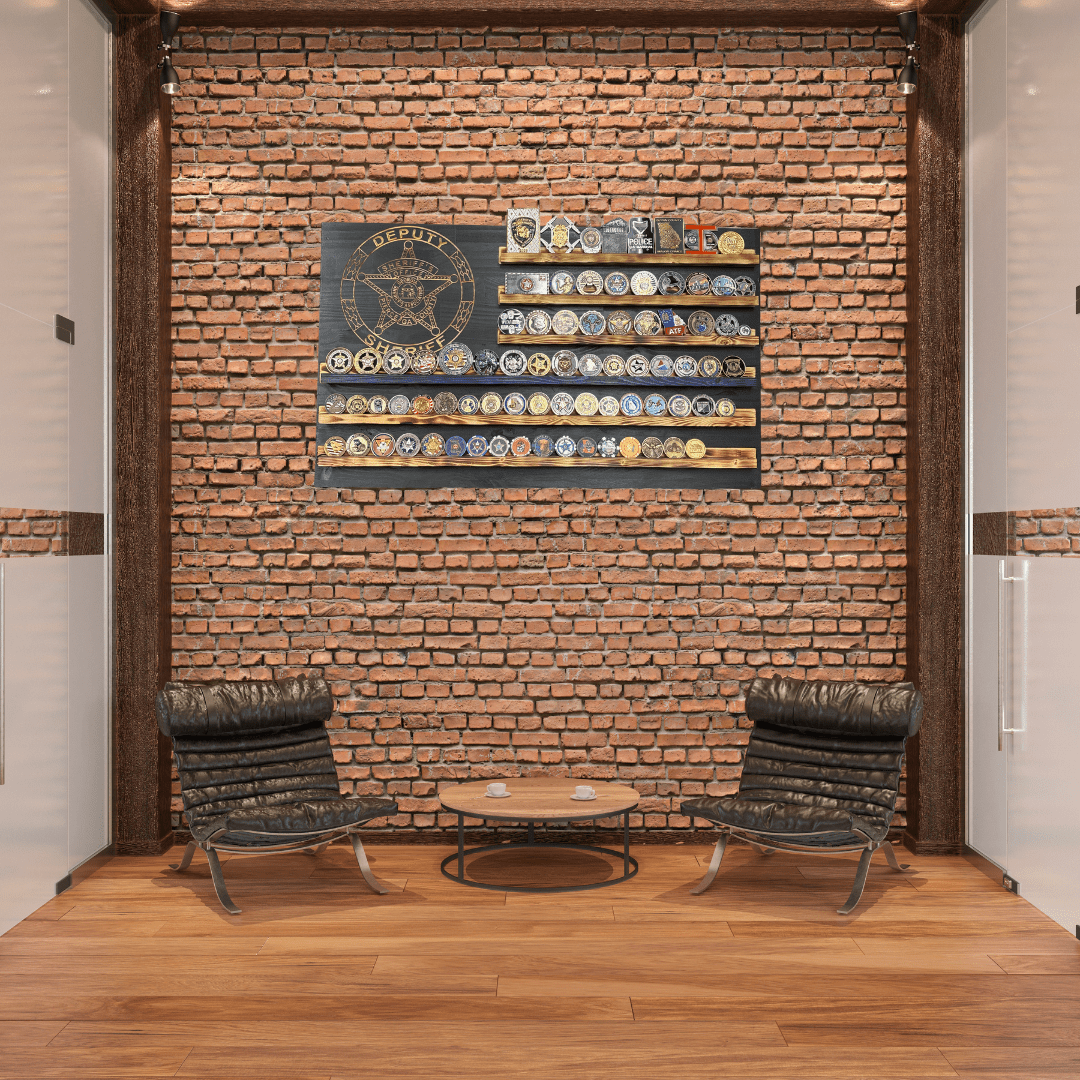 Challenge Coin Display — thin blue line tribute with coin ledges