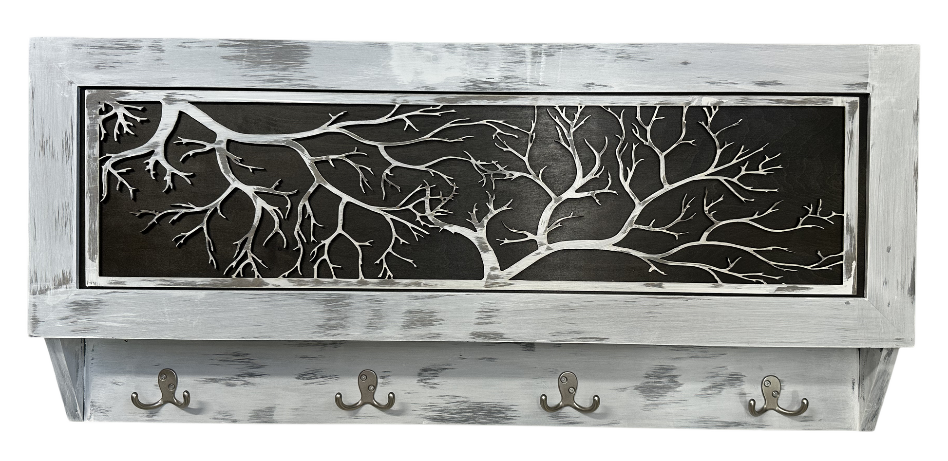 Wooden wall shelf with metal branch design and hooks on a white background