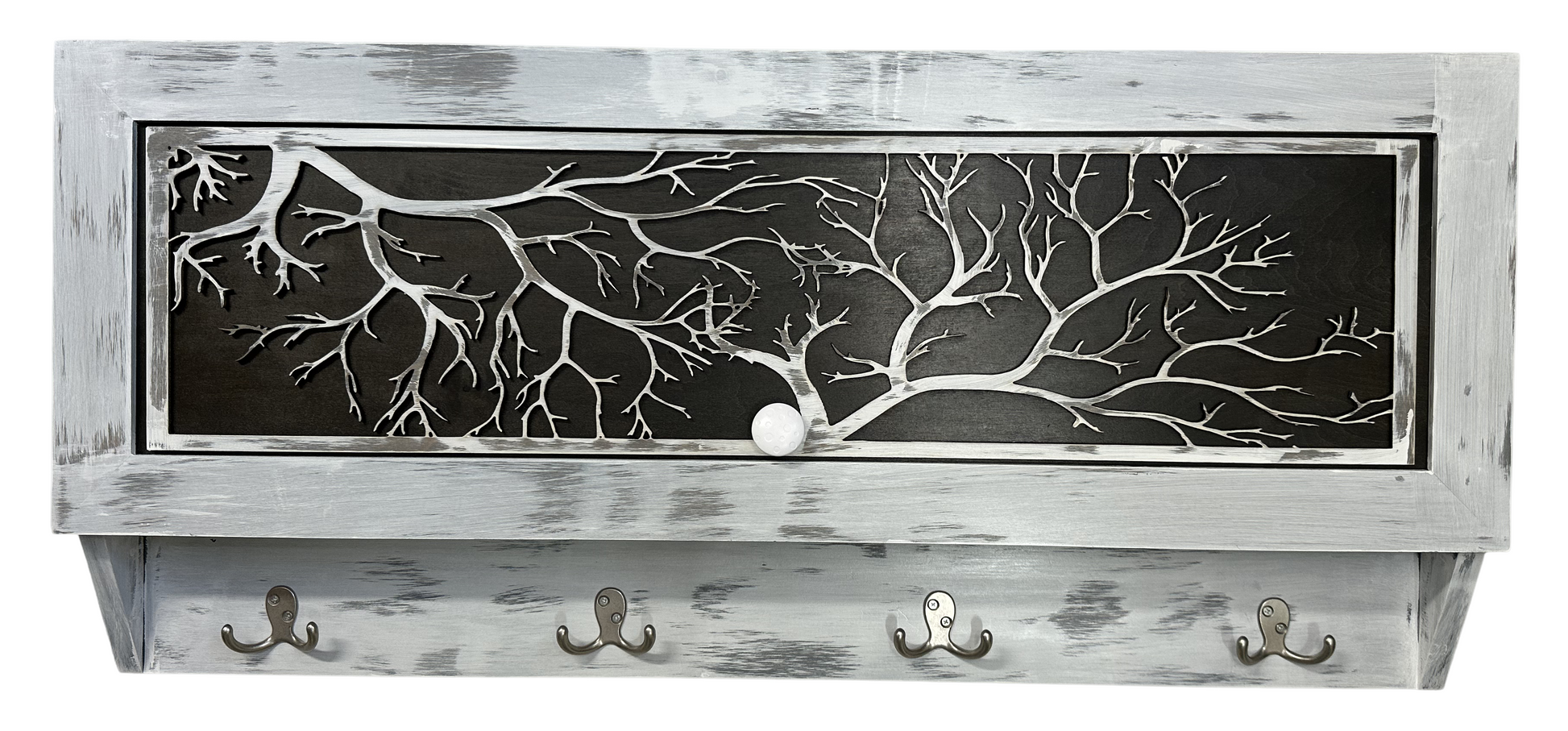 Wooden wall shelf with metal branch design and hooks on a white background