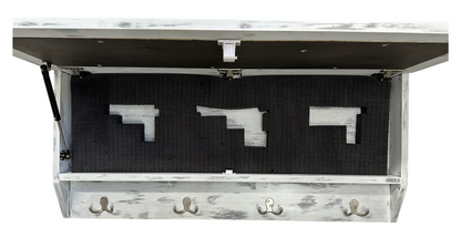 Wooden storage cabinet with open door revealing black interior and hooks on a white background