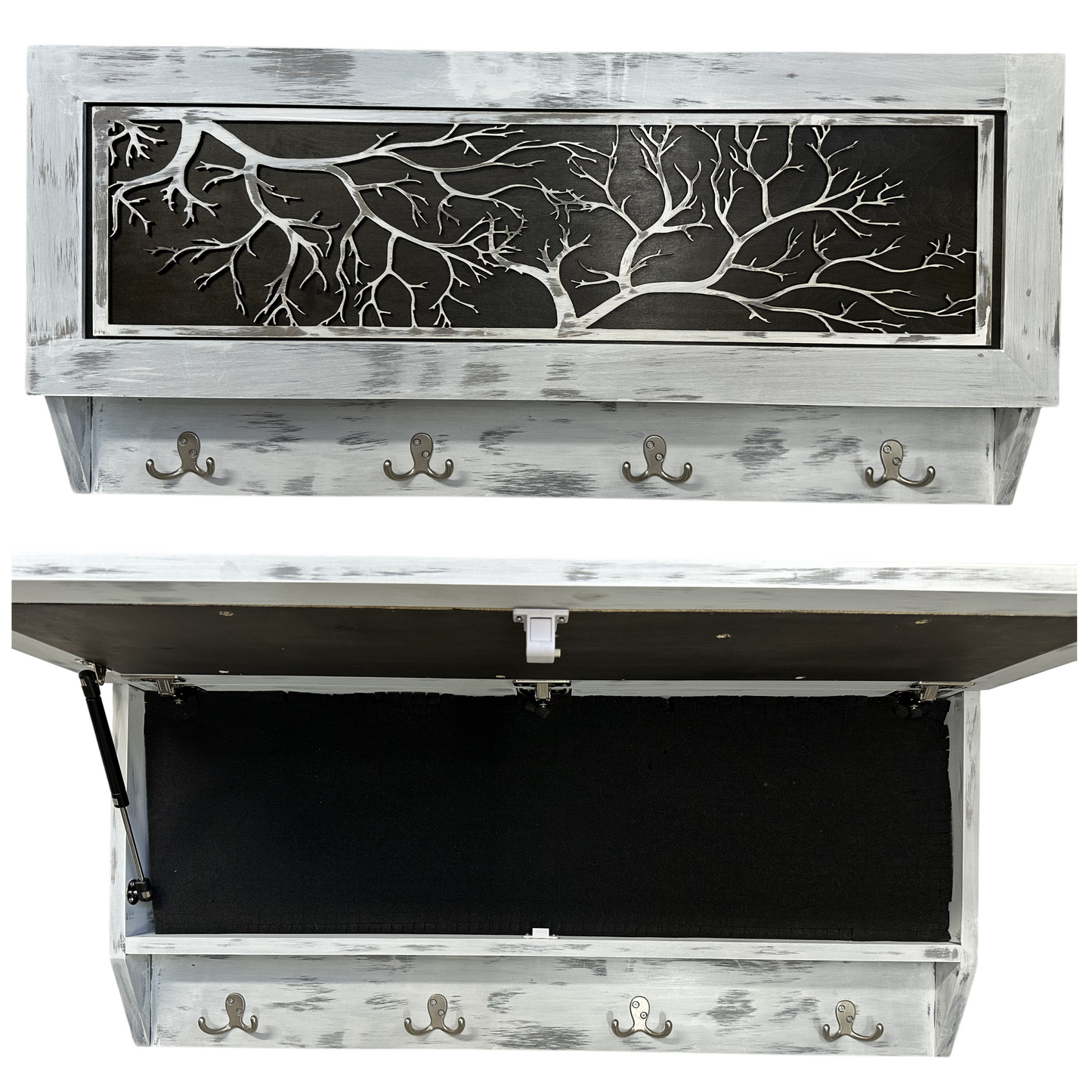 Wooden storage bench with metal branch design on the backrest and coat hooks on the sides.