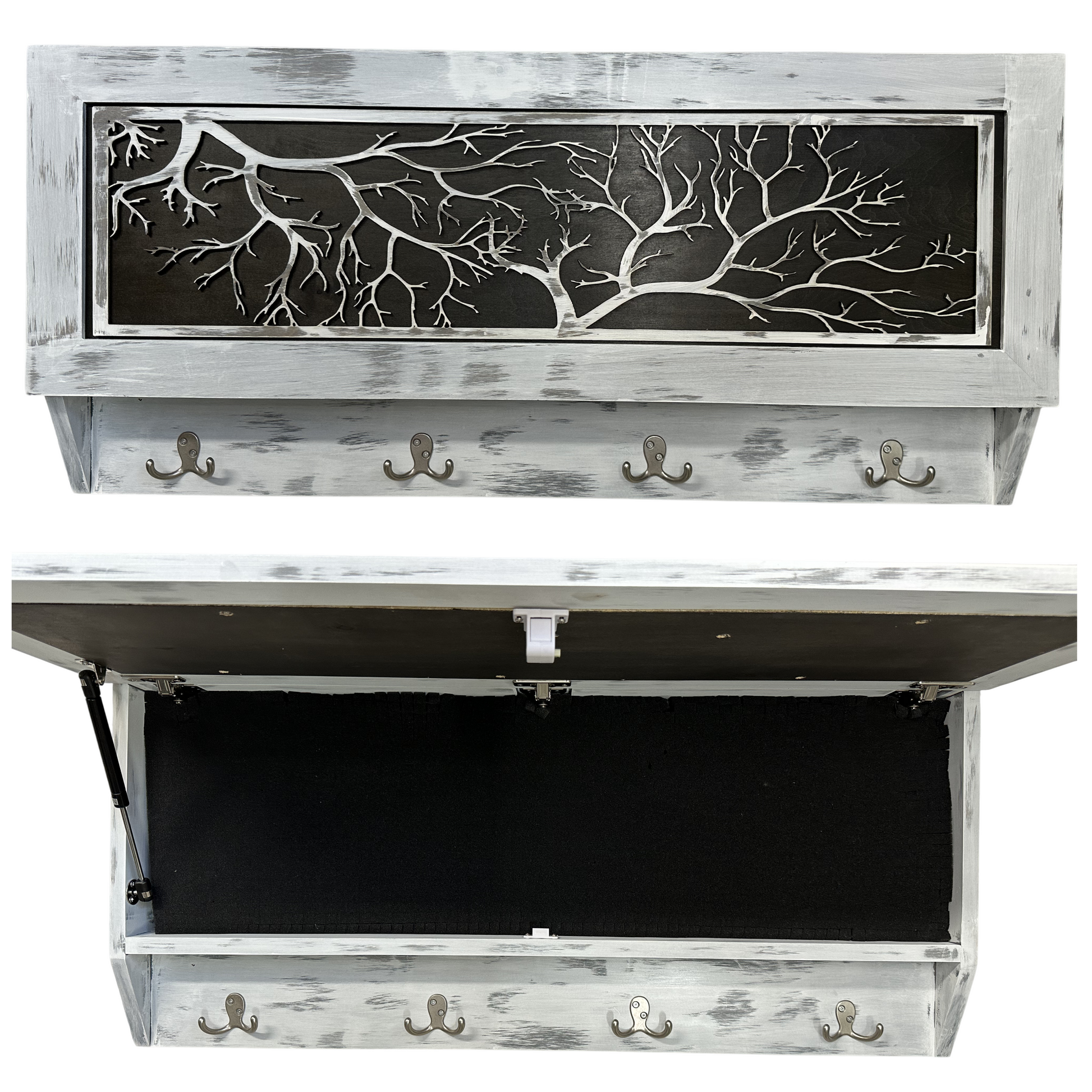 Wooden storage bench with metal branch design on the backrest and coat hooks on the sides.