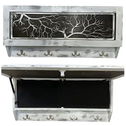 Wooden storage bench with metal branch design on the backrest and coat hooks on the sides.