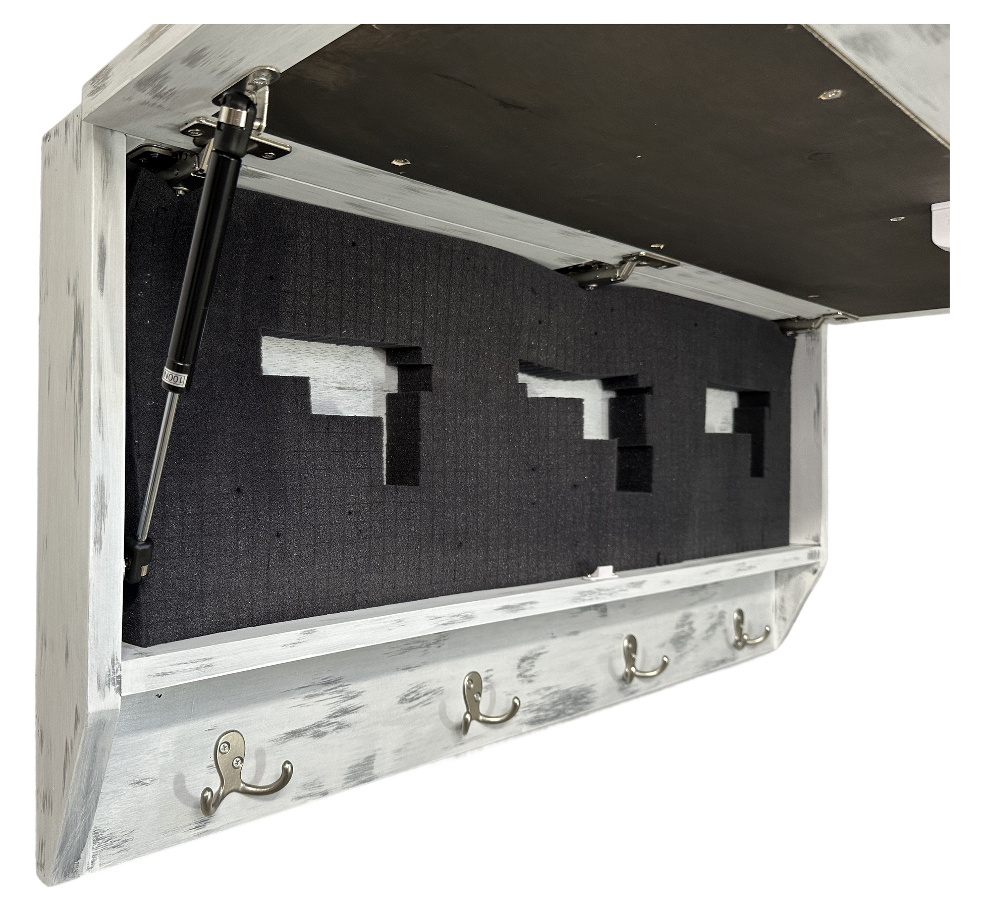 Wooden wall-mounted coat rack with open storage compartment