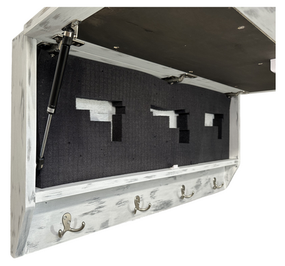 Wooden wall-mounted coat rack with open storage compartment