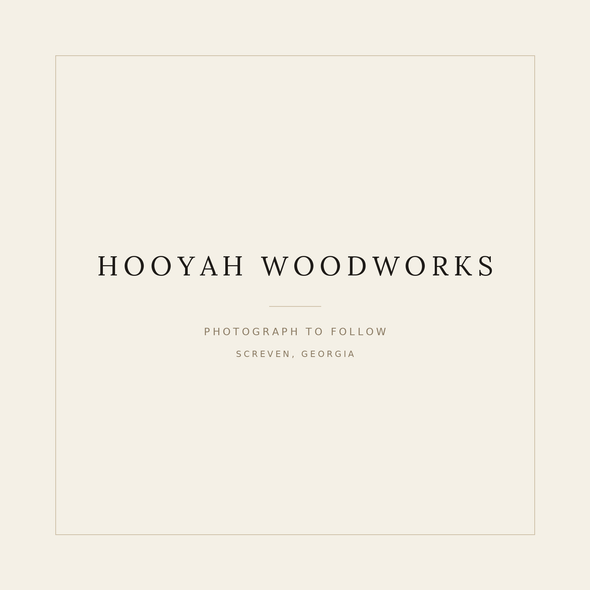 A minimalist beige square card with a thin border and centered text reading 'HOOYAH WOODWORKS', 'PHOTOGRAPH TO FOLLOW', and 'SCREVEN, GEORGIA'.