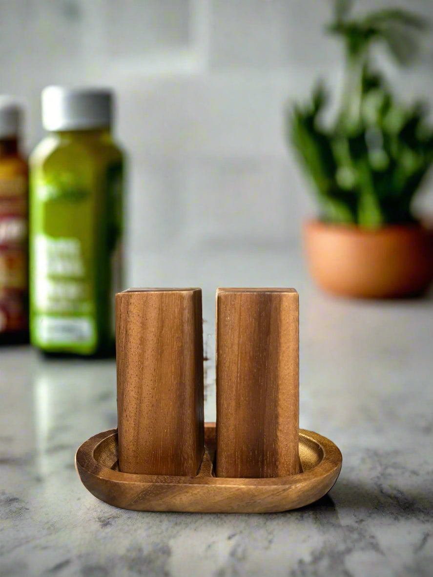 Salt & Pepper Shakers on an Acacia Wood Base - Hooyah Woodworks LLC
