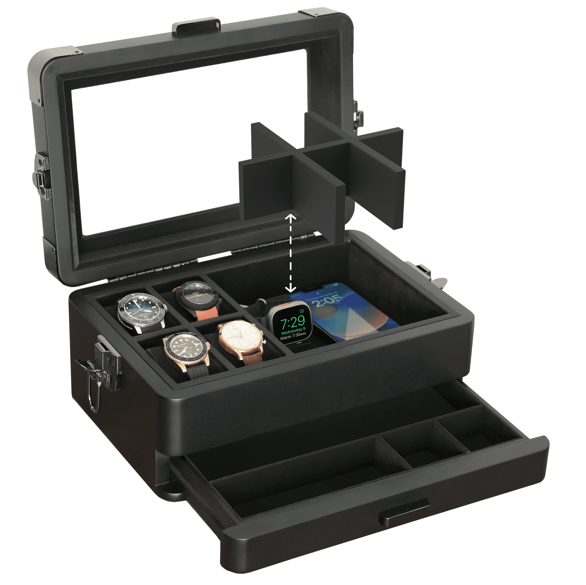Black watch and device storage case with open lid showing watches and a phone inside.
