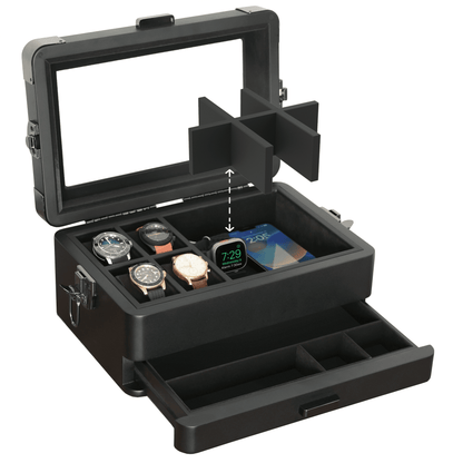 Black watch and device storage case with open lid showing watches and a phone inside.