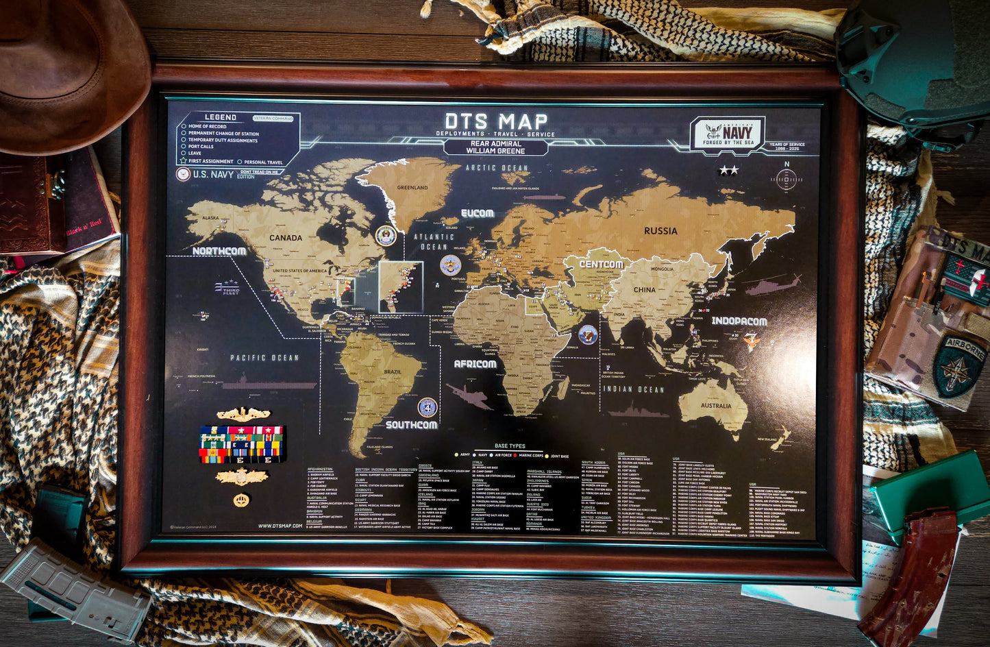 World map poster with decorative elements on a wooden surface