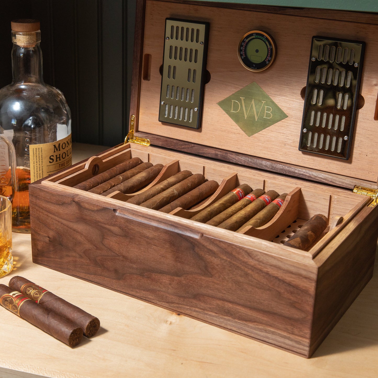 Cigar Humidor - Black Walnut with Spanish Cedar Lining - 80 Capacity - Hooyah Woodworks LLC