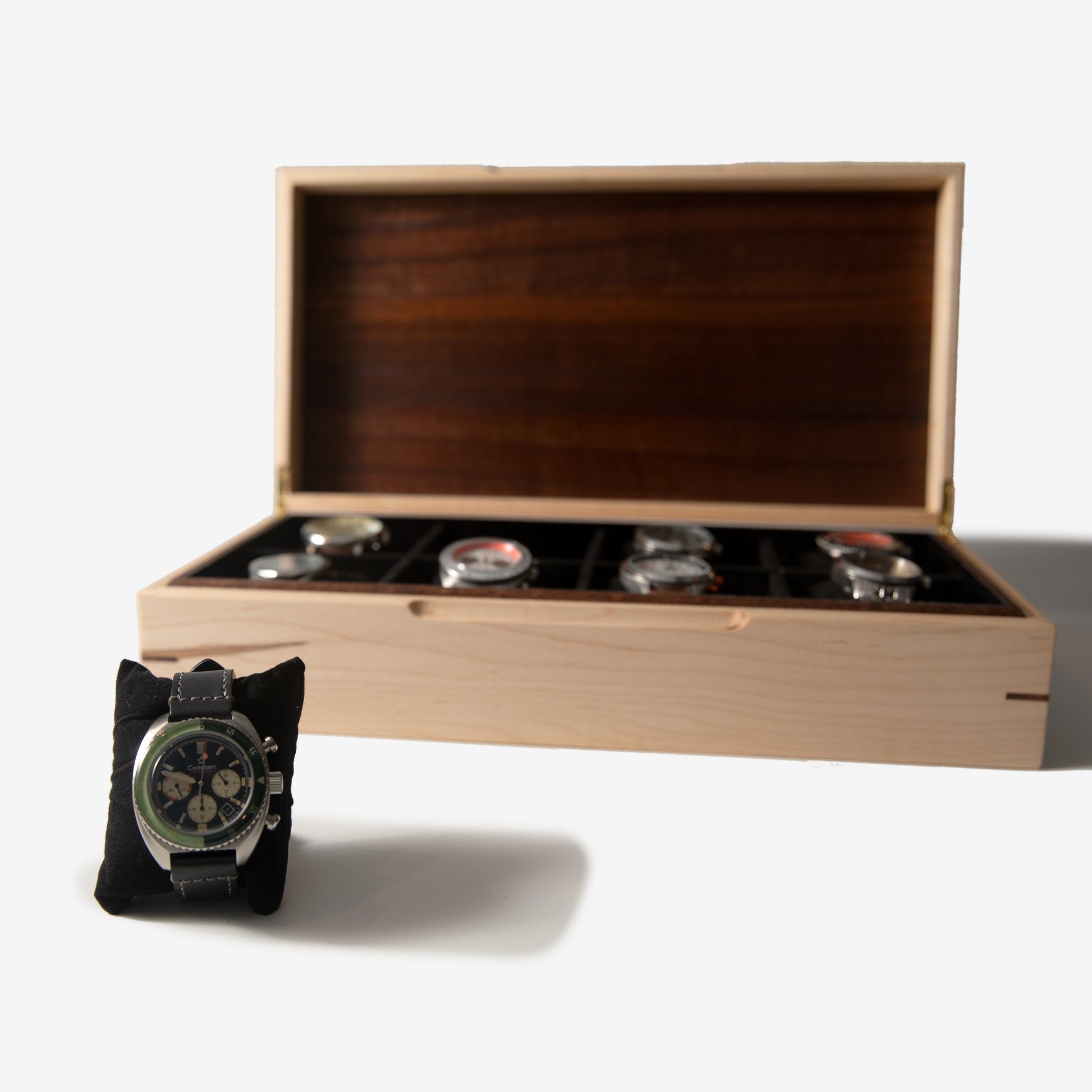 Watch Box - Curly Maple and Sapele Mahogany - 8 Watch Compartments - Hooyah Woodworks LLC