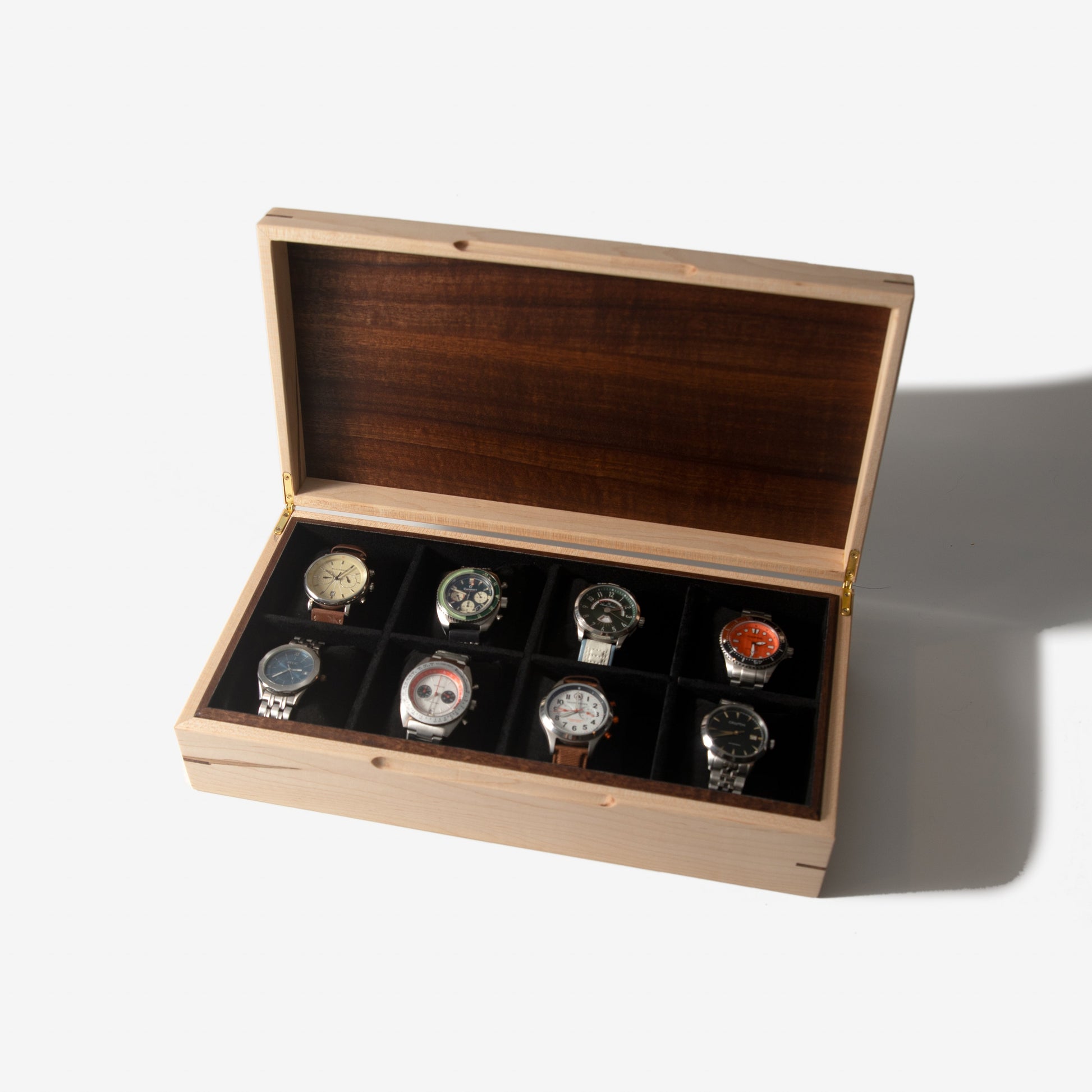 Watch Box - Curly Maple and Sapele Mahogany - 8 Watch Compartments - Hooyah Woodworks LLC