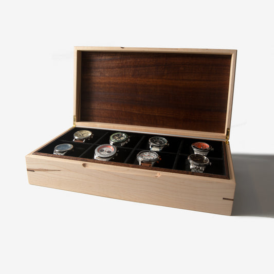 Watch Box - Curly Maple and Sapele Mahogany - 8 Watch Compartments - Hooyah Woodworks LLC