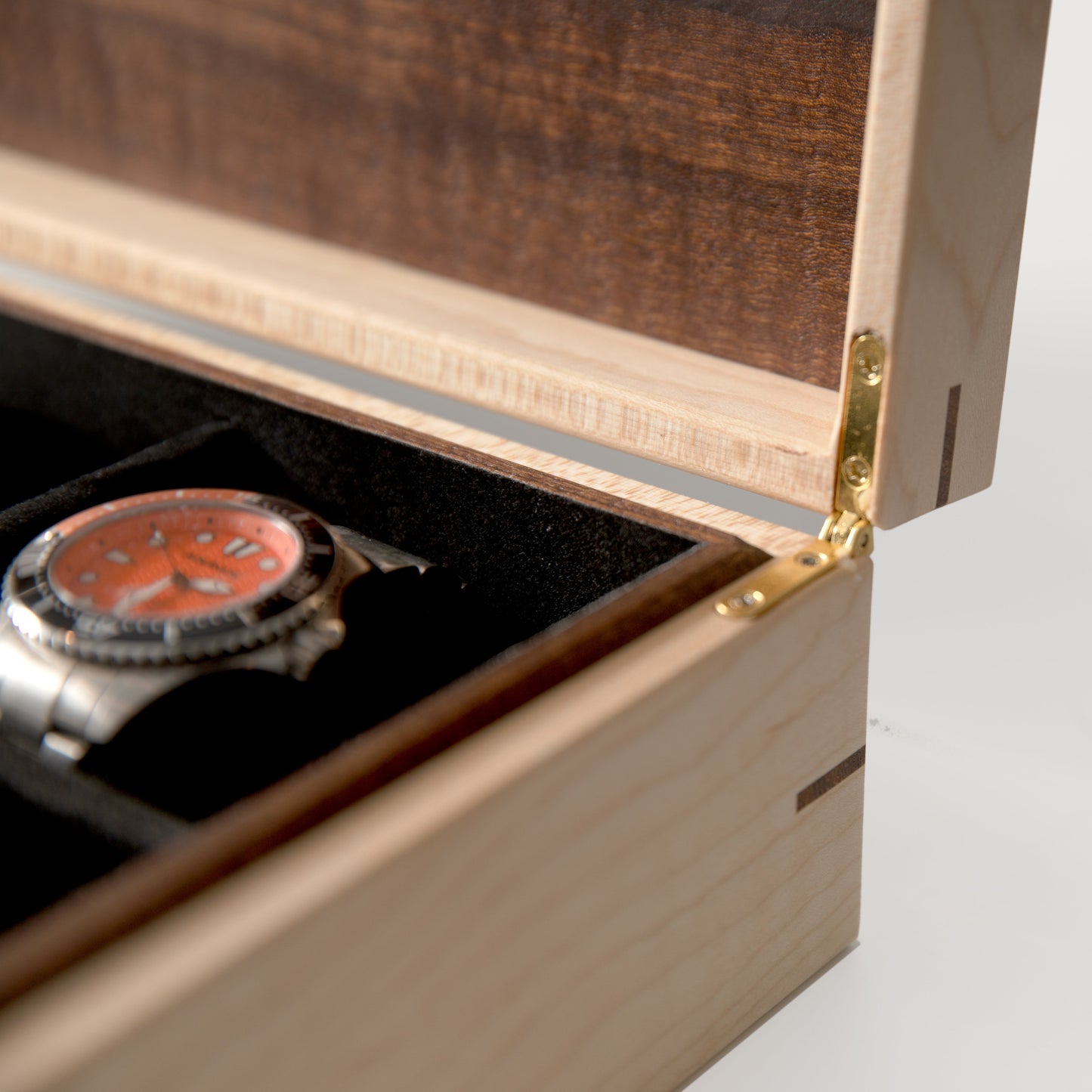 Watch Box - Curly Maple and Sapele Mahogany - 8 Watch Compartments - Hooyah Woodworks LLC