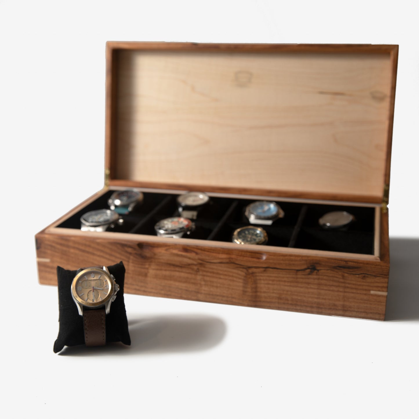 Watch Box - Desert Mesquite and Curly Maple - 8 Watch Compartments - Hooyah Woodworks LLC