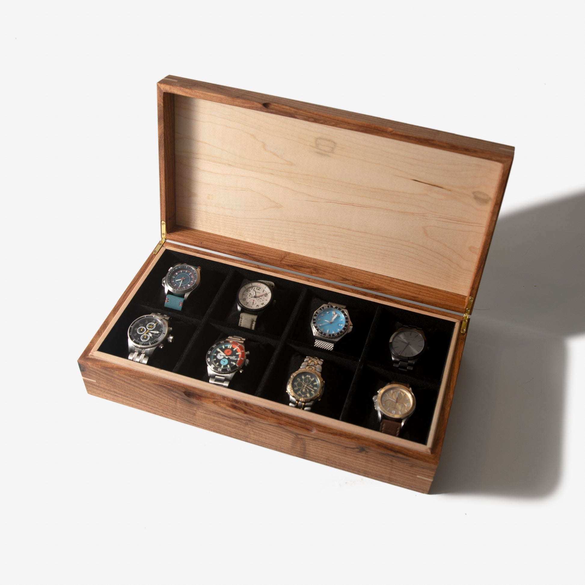 Watch Box - Desert Mesquite and Curly Maple - 8 Watch Compartments - Hooyah Woodworks LLC