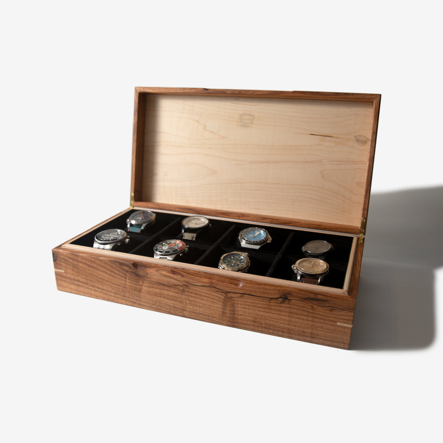 Watch Box - Desert Mesquite and Curly Maple - 8 Watch Compartments - Hooyah Woodworks LLC