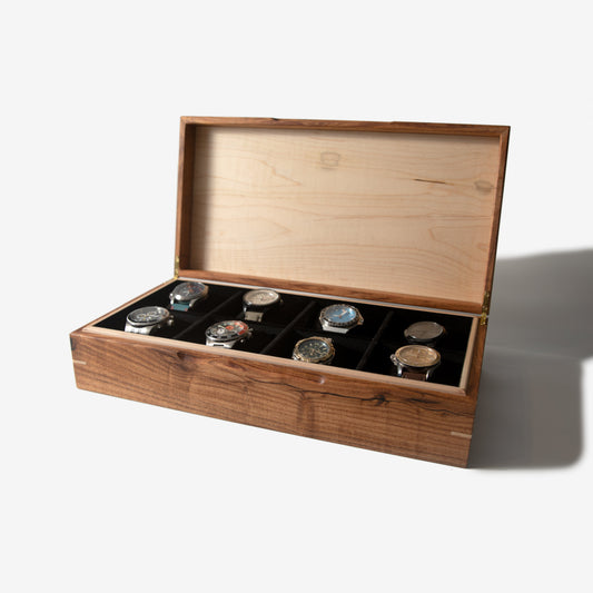 Watch Box - Desert Mesquite and Curly Maple - 8 Watch Compartments - Hooyah Woodworks LLC