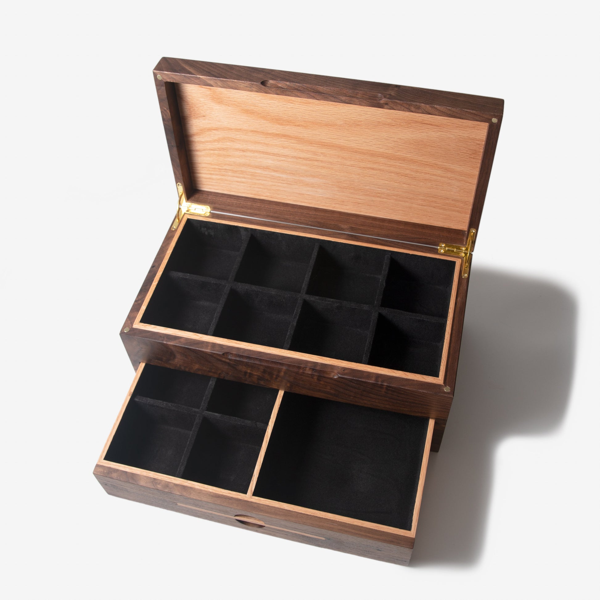Watch Box with Drawer - Black Walnut and Oak - 12 to 16 Watch Compartments - Hooyah Woodworks LLC