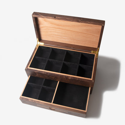 Watch Box with Drawer - Black Walnut and Oak - 12 to 16 Watch Compartments - Hooyah Woodworks LLC