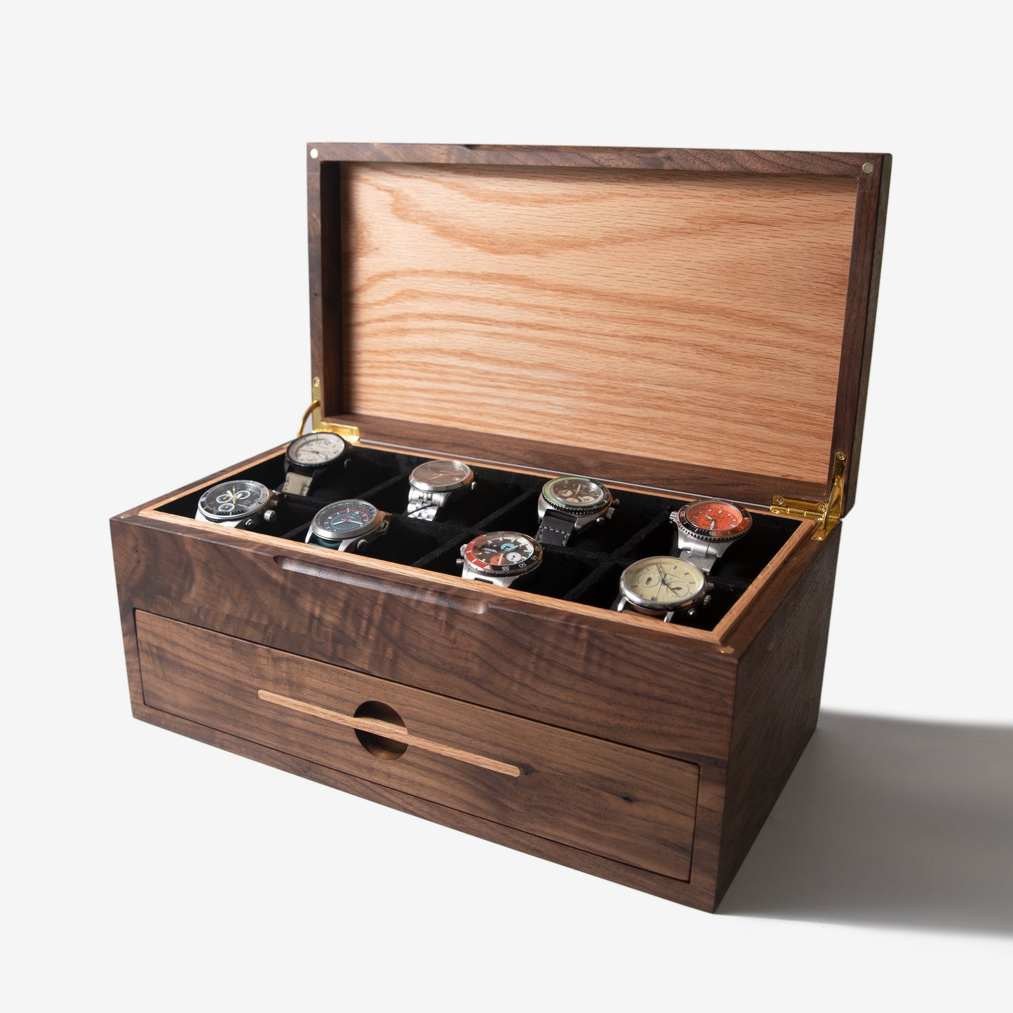 Watch Box with Drawer - Black Walnut and Oak - 12 to 16 Watch Compartments - Hooyah Woodworks LLC