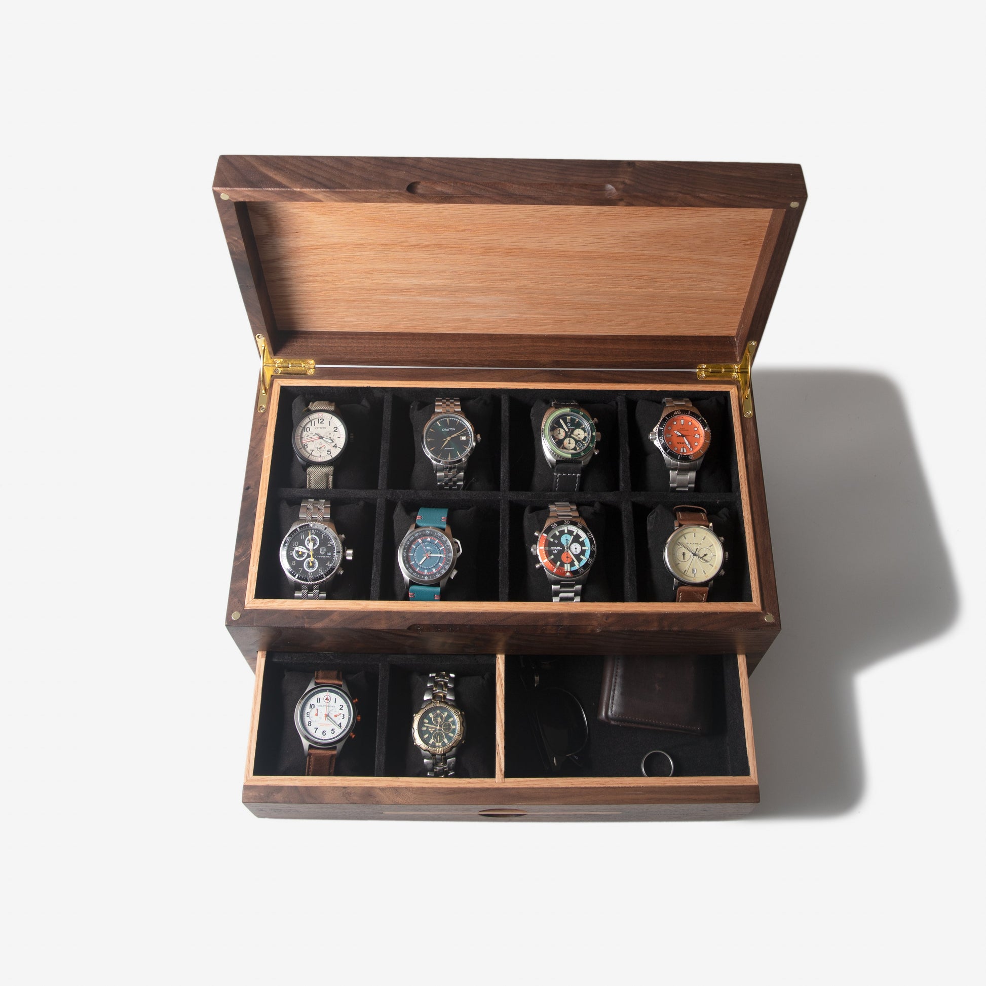 Watch Box with Drawer - Black Walnut and Oak - 12 to 16 Watch Compartments - Hooyah Woodworks LLC