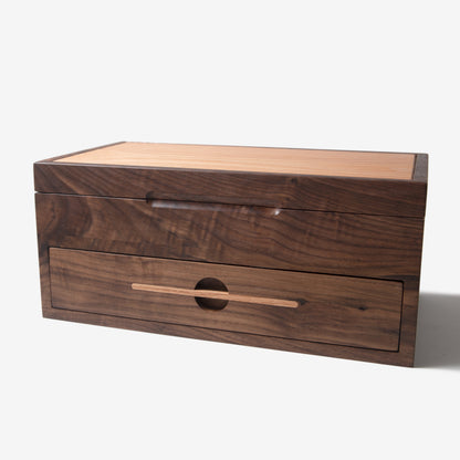 Watch Box with Drawer - Black Walnut and Oak - 12 to 16 Watch Compartments - Hooyah Woodworks LLC
