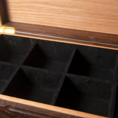 Watch Box with Drawer - Black Walnut and Oak - 12 to 16 Watch Compartments - Hooyah Woodworks LLC