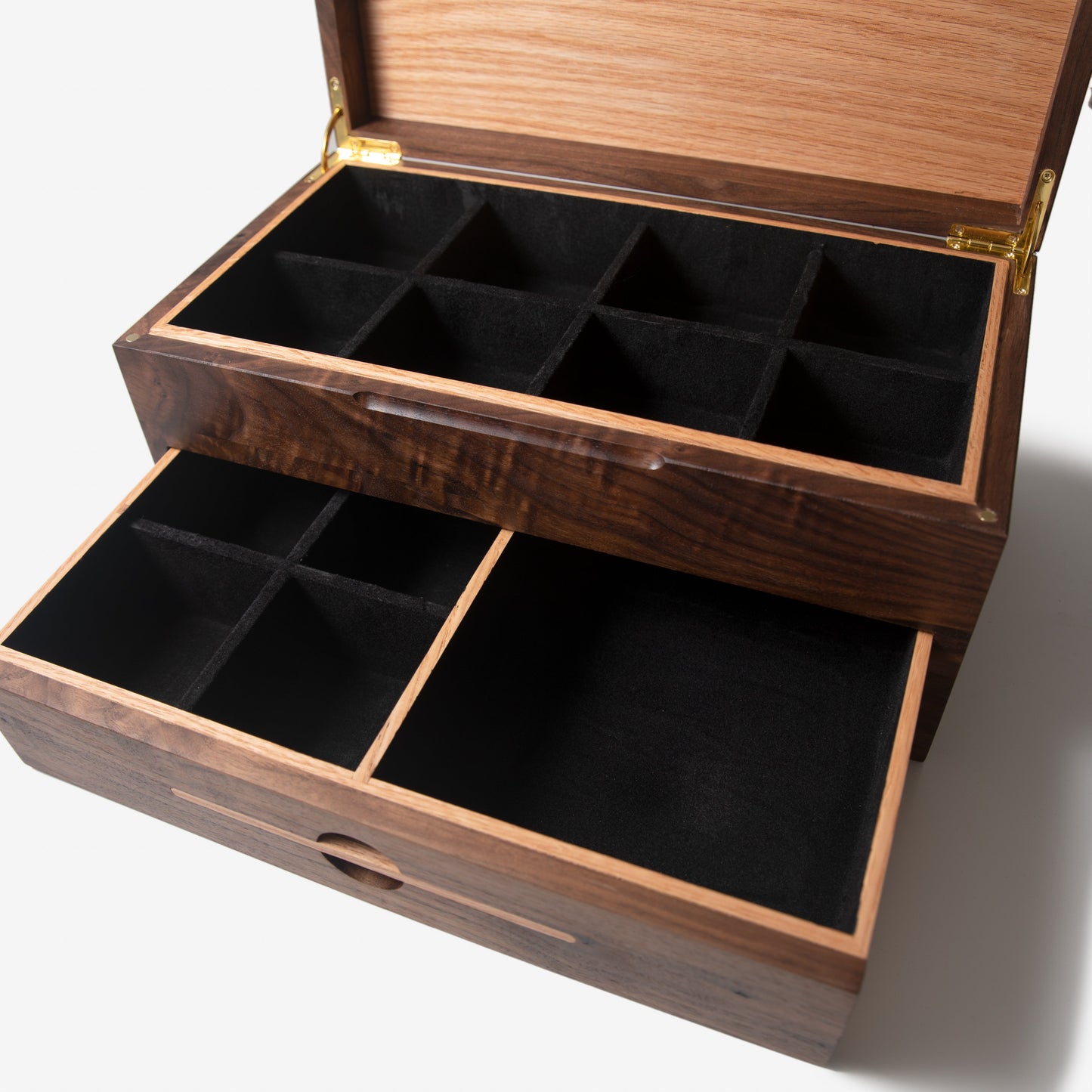 Watch Box with Drawer - Black Walnut and Oak - 12 to 16 Watch Compartments - Hooyah Woodworks LLC
